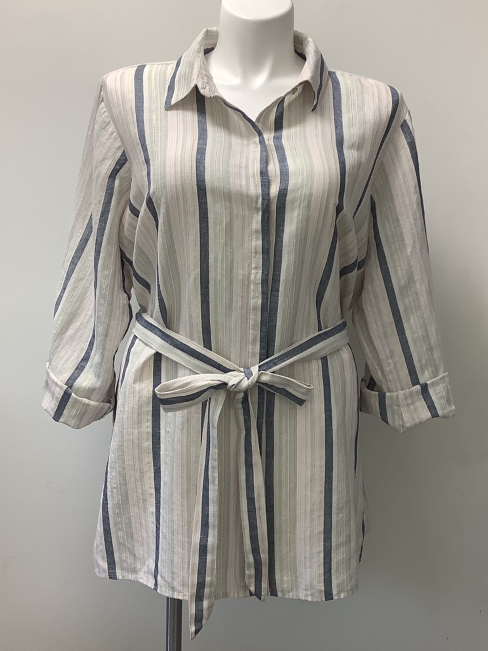 Ellen Tracy Striped Linen-Blend Shirt in Navy and Cream size 2X